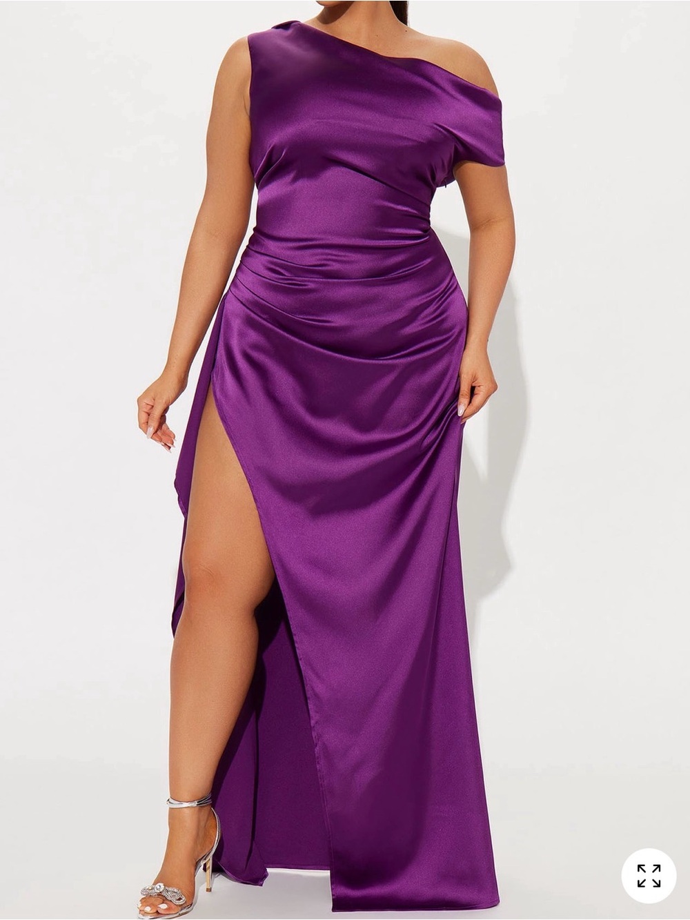 Fashion Nova One-Shoulder Purple Satin Gown with High Slit